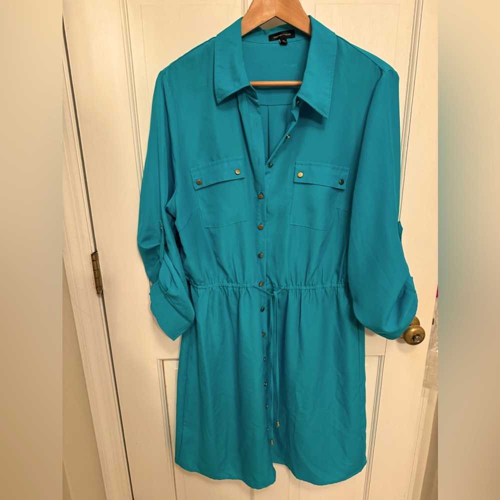 Spence XL shirt dress teal with gold buttons and cinch tie waist